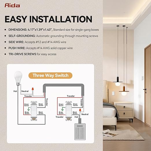 AIDA 20 Pack 3 Way Decorator Switch White, Electric Switches, Light Switch 15Amp, 120/277 Volt, 3 Way Rocker Switch, Wall Replacement, Self-Grounding, Residential Grade, UL Listed
