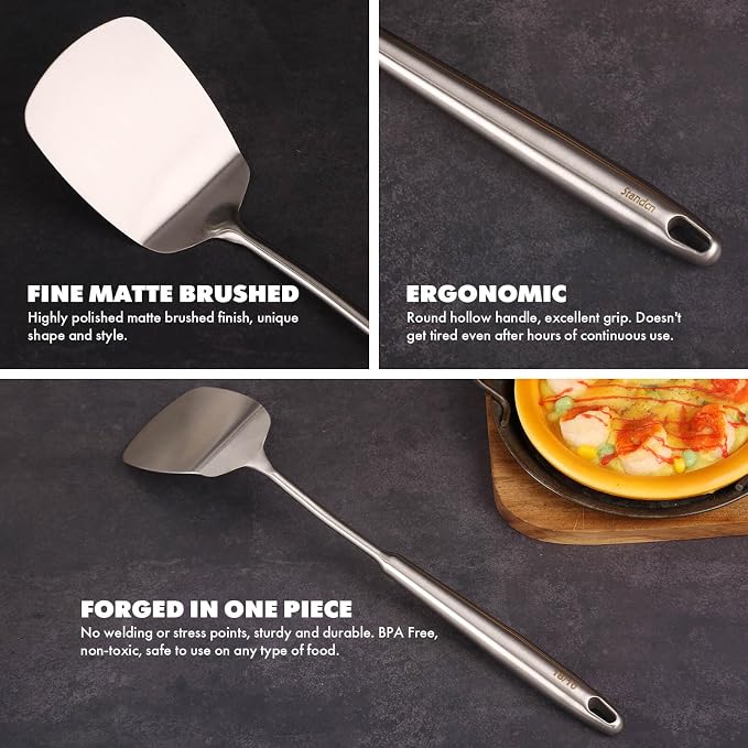 18/10 Stainless Steel Cooking Utensils Set - 16 PCS All Metal Utensils | Kitchen Tools - Whisk, Masher, Fork, Tong, Solid Slotted Spoon, Spatula, Turner, Ladle, Skimmer, Pasta, Small Large Spoon Set
