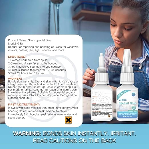 Glass Glue, 30g, Instant Strong Bond for Glass, Acrylic, Waterproof, Dries Clear, Quick Curing, Ideal for Craft, Jewelry, Rhinestone, Crystal, Mirror, Glasses