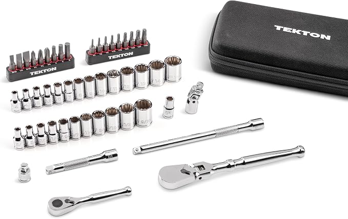 TEKTON 1/4 Inch Drive 12-Point Small Engine Socket Set, 50-Piece | SKT07907 | (5/32 - 9/16 in., 4 - 15 mm, Phillips #1 - 3, Slotted 3/16 - 5/16 in., T7 - T30), Shallow, Zipper Case, Custom Foam