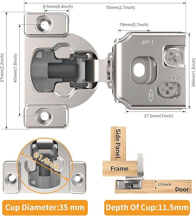 Chibery 20 Pack 1-1/4" 4D Concealed Hinges for Face Frame Door, Soft Close On/Off Switch, Self Closing, 105° Open Angle Concealed Stainless Steel Hinges for Framed Cabinet, Satin Nickel
