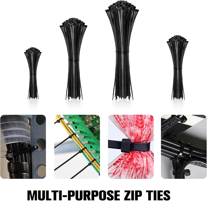 Zip Ties Assorted Sizes(4”+6”+8”+12”), 2000 Pack,Black Cable Ties,Multi-Purpose Self-Locking Nylon Cable Cord Management,Plastic Wire Ties for indoor and outdoor use.