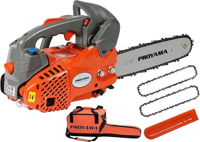 PROYAMA 26CC 2-Cycle Top Handle Gas Powered Small Chainsaw 12 Inch Petrol Handheld Cordless Chain Saw for Tree Wood Cutting with 2 chains(12inch)