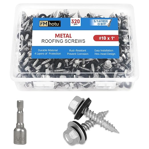 FMhotu Metal Roofing Screws #10×1Inch, 320-PCS, Hex Head Rustpert Coating Sheet Metal to Wood Siding Screw with EPDM Rubber Washer, Sharp Point, Hex Socket Included
