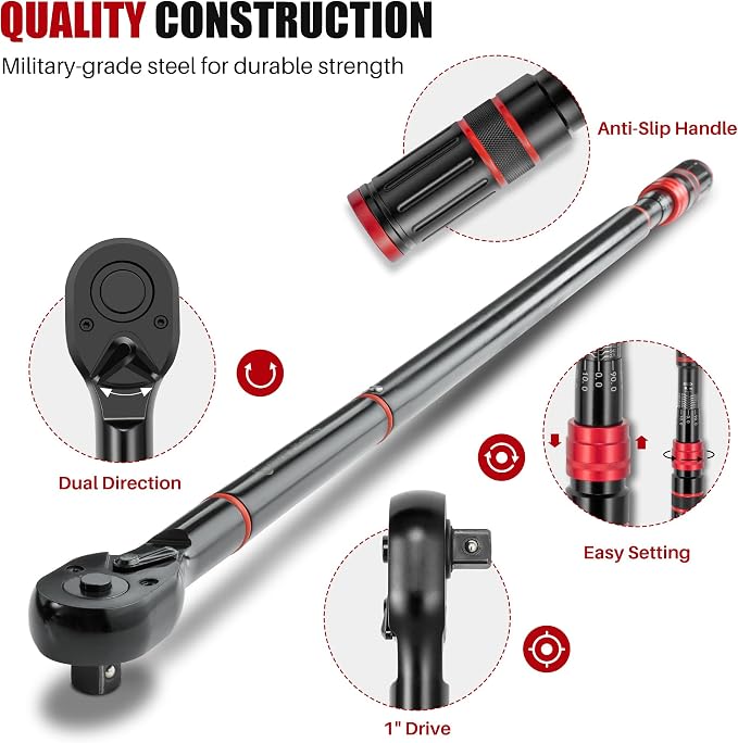 1 Inch Drive Click Torque Wrench-200-1300 Ft-Lb for Truck, Tractor | Dual-Direction Adjustable 24 Tooth Torque Wrench(271-1762.5N.m), 3% Accuracy for HD Vehicles Wind Turbine Maint.Heavy Equip.