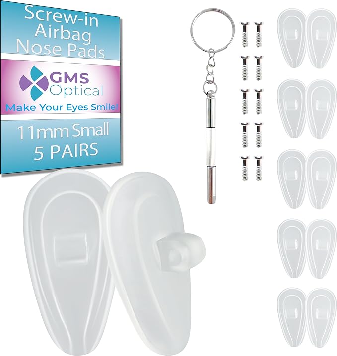 GMS Optical Comfort Line - 7mm Regular Wide/11mm Small Length - Air Bag Screw-in Soft Silicone Nose Pads for Glasses, Sunglasses, Glasses Repair Kit with Screws, Keep Glasses from Sliding (5 Pair)