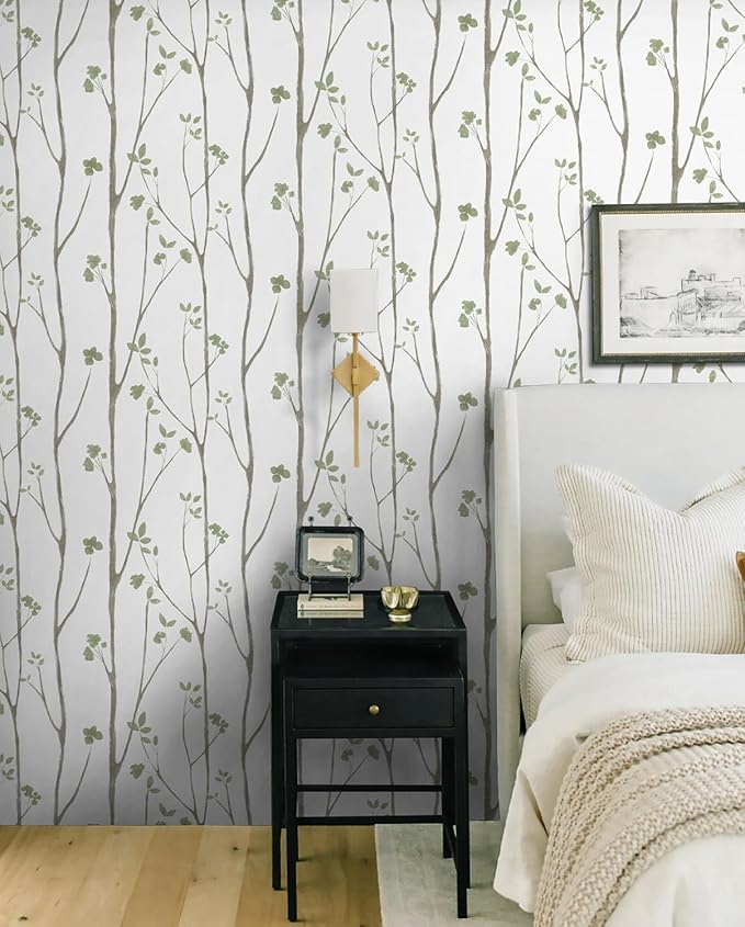 Timeet Green White Leaf Floral Boho Wallpaper 16" x 393.7" Self-Adhesive Removable Peel and Stick for Walls Covering
