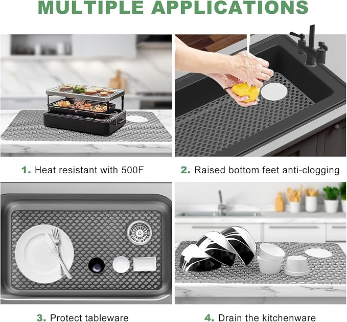 Sink Protectors for Kitchen Sinks - Large 28.4“ x 15” with Right Side Top Hole Heat Resistant Easy to Clean Non-Slip Kitchen Sink Mat for Kitchens Sinks Stainless Steel Bottom (Grey) - 72x38CM