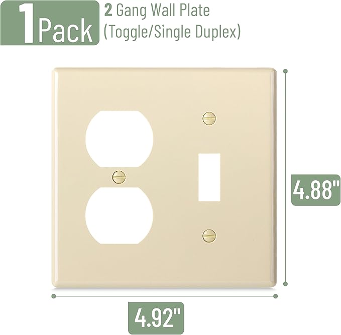 Bates- 2-Gang Combination Wall Plate, 4.88"x 4.92"/Mid-Size, Light Almond, Toggle Light Switch/Duplex Receptacle Outlet, 2 Gang Wall Plate for Electrical Outlets