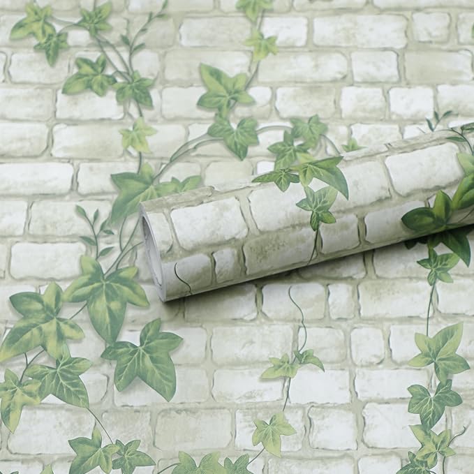 Peel and Stick Wallpaper Brick Wall Paper Green leaves3D BrickStone Self Adhesive Removable Contact Paper Brick Textured Vintage Wallpaper Decorative Wall Classroom Covering15.7 x118
