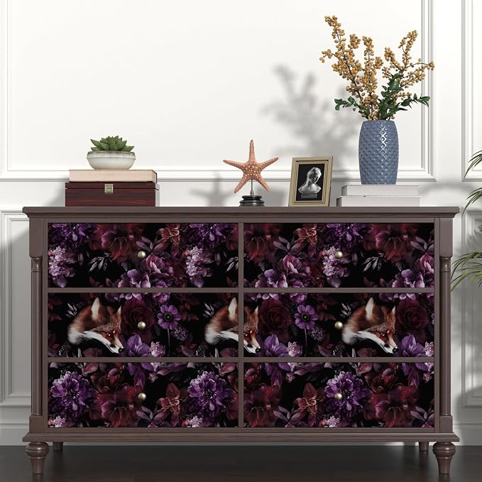 Gothic Black Red Fox Floral Wallpaper Peel and Stick 17.5"x118" | Self Adhesive/Removable/Waterproof/Thick Vinyl Vintage Contact Paper for Bathroom Bedroom Shelf Cabinet Drawer,Prepasted