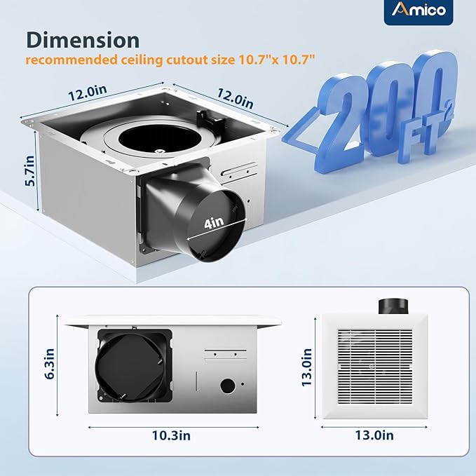 Amico Bathroom Exhaust Fan,160 CFM, 1.5 Sones, Low Noise, Household Bath Ventilation Fans, Ceiling Mounted, No Attic Access Needed, Ceiling Opening 10.7''x10.7'' - ETL & FCC Certified