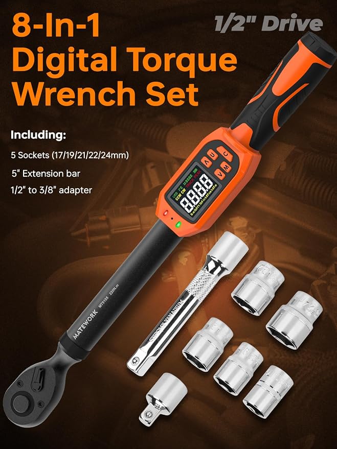Matework Digital Torque Wrench 1/2" Drive | 8.5-160 ft.lb | ±1% High Accuracy | Buzzer and LED Alert | 3-Mode & 5-Unit Switch, 8PCS Digital Torque Wrench Set for Motorcycle, Car Maintenance