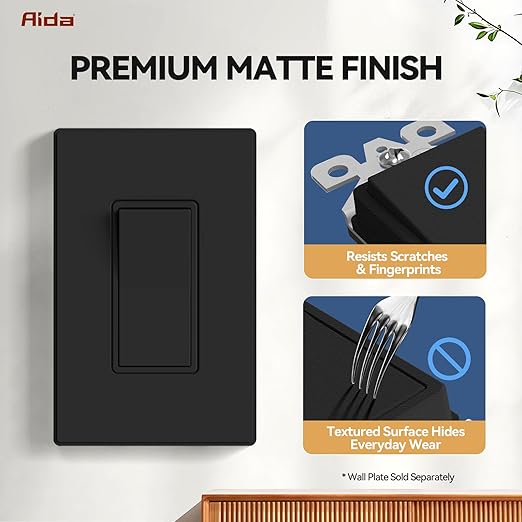 AIDA 4 Pack Single Pole Rocker Decora Light Switch, 15 Amp Self-grounding Electrical Light Switches, Residential Grade, UL Listed, Matte Black