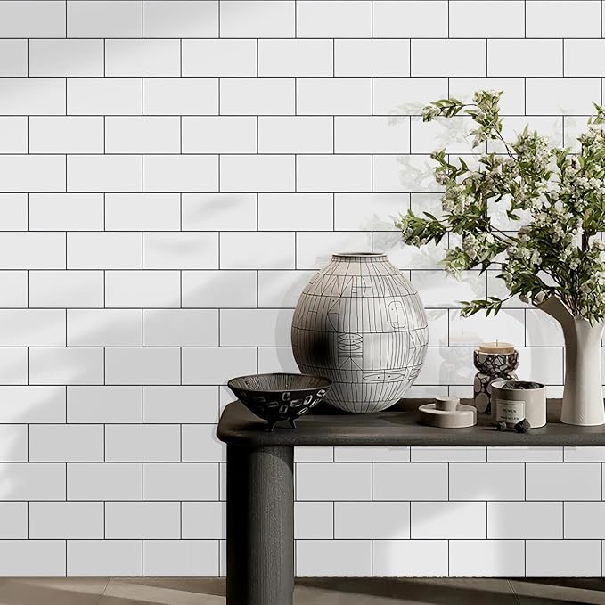 Vamos Tile Peel and Stick Backsplash Tile, 3''x6'' PVC Subway Tile, Stick on Backsplash for Kitchen/Bathroom/Fireplace,4-Piece Glossy Pure White with Dark Gray Grout