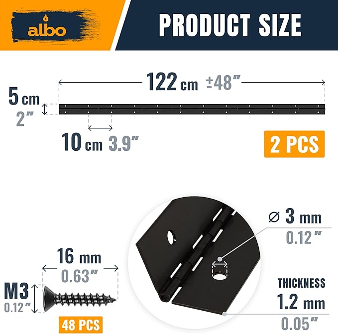 ALBO 48 Inch Black Heavy Duty Piano Hinge Continuous Stainless Steel 304 (2-Pack), Surface Mount Cabinet Hinges Matte Black 48"x2" for Industrial Equipment & Commercial Display, Professional