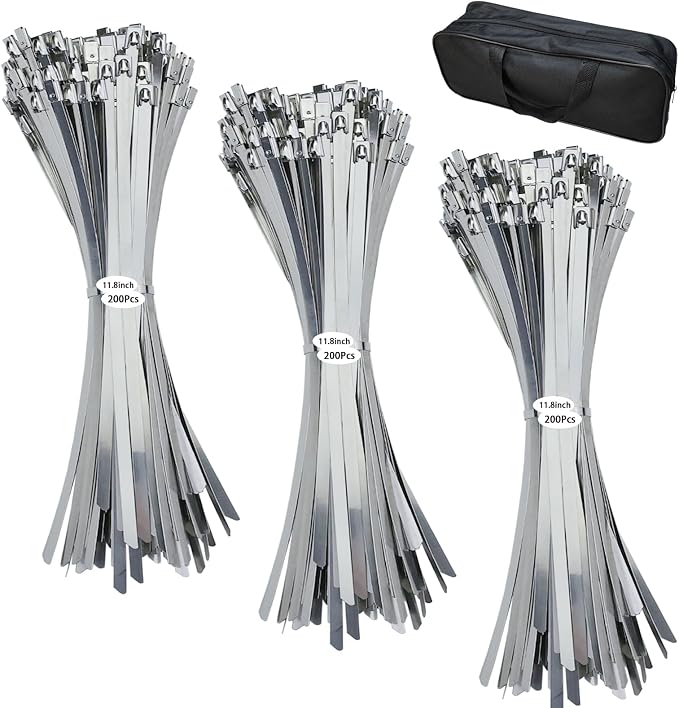 600Pcs Metal Zip Ties Assorted Size 11.8 Inch 304 Stainless Steel Zip Ties Self Locking Heavy Duty 220 Pound Tensile Strength Adjustable Cable Ties for Indoor Outdoor Fence Canopy Workshop
