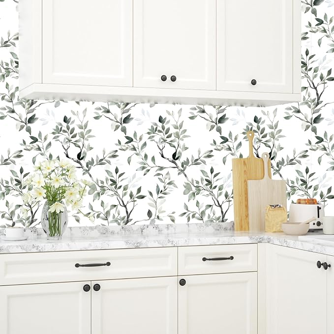 ILHIIOR Green Leaf Peel and Stick Wallpaper Boho Leaf Contact Paper White Floral Removable Self Adhesive Waterproof Wall Paper for Cabinet Drawers Wall Decor Renter Friendly 17.5''x118''