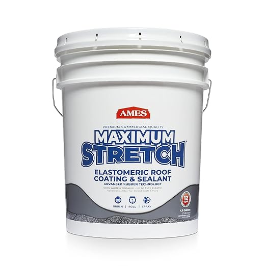 Ames Maximum Stretch - Waterproof Sealant Membrane - Perfect For Roofing, Repairs, Concrete, EPDM & Wood - Liquid Rubber Sealer - Up To 650% Elastic - Made in USA, White, 4.6 Gallon (Pack of 1)