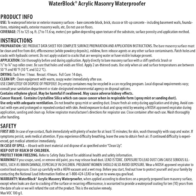 INSL-X WaterBlock Acrylic Masonry Waterproofer Paint, White, 1 Gallon