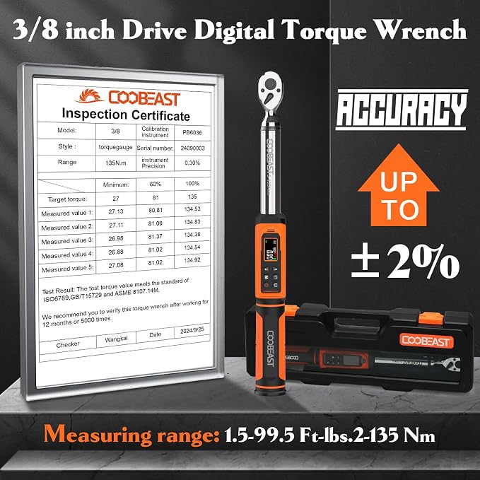 coobeast 3/8 Drive Digital Torque Wrench(1.5-99.5 Ft-lbs./2-135Nm) | Preset Value Torque Wrench with ±2% accuracy, Buzzer and LED Flash Five Units of Measure for Motorcycle, Auto Repair
