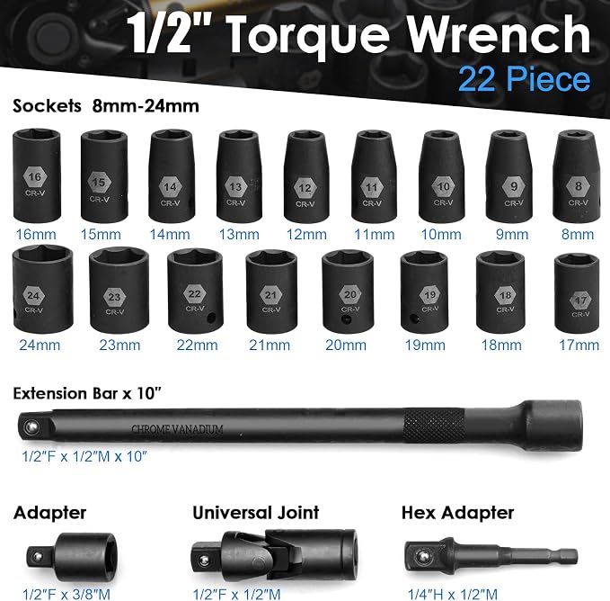 22PCS Torque Wrench Set 1/2" Drive, 10-180 ft.lb/13.6-244.1 Nm, Click Torque Wrench with Impact Sockets, 1 ft.lbs Micro, 72-Tooth Ratchet, Quick Release Head, Master Torque Tool for Car Repair