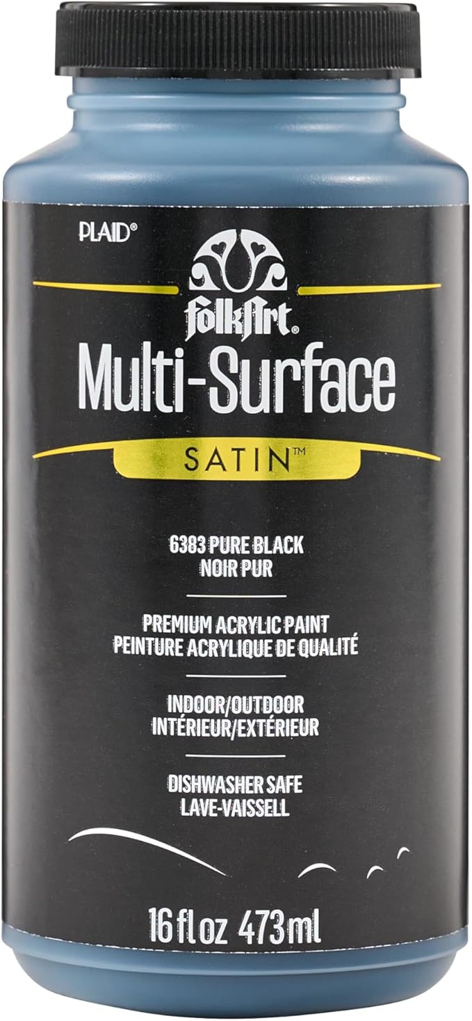 FolkArt Multi-Surface Satin Acrylic Paint in Assorted Colors, 16 oz, Pure Black 16 Fl Oz