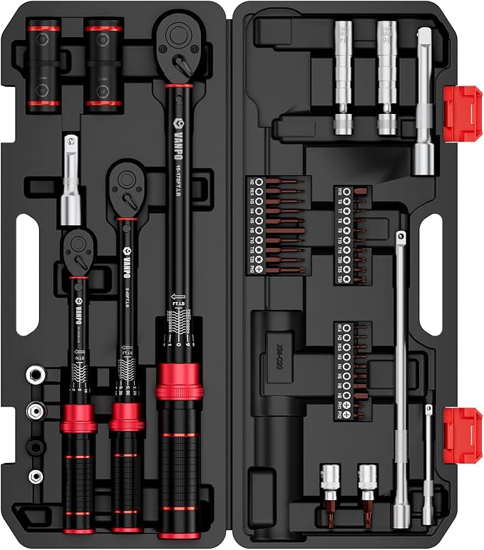 VANPO Torque Wrench Set, 1/4", 3/8", 1/2" Drive, 47-Piece, Click Type | 20–240 in-lb, 5–45 & 10–170 ft-lb for Lug Nuts, Car, Motorcycle & Bike Repair, with S2 Bits Wheel & Spark Plug Sockets, 72T