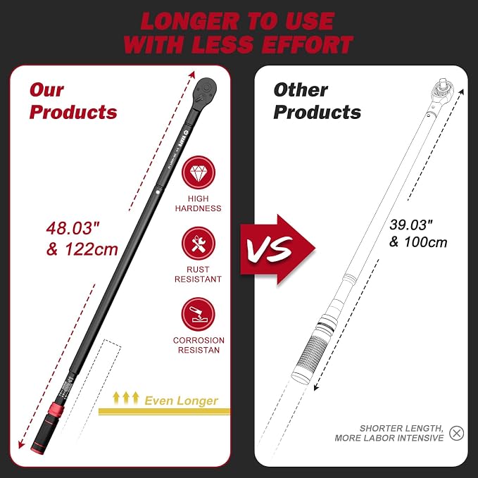 VANPO 3/4-inch Drive Click Torque Wrench, 200-1000 Ft-Lb/271-1355 Nm | 48.03'' Length, 48-Tooth Click Torque Wrench with a Hex Key, Precision Mechanic Tools for Oil Rigs, Trucks & Wind Turbines