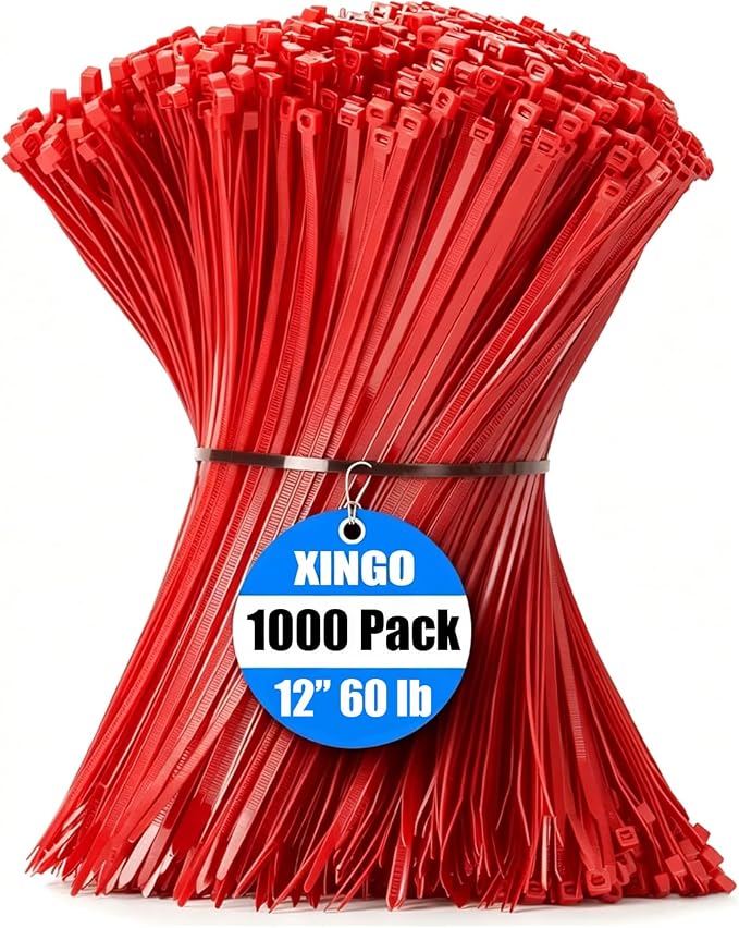 XINGO 1000 PCS Red Zip Ties 12 Inch, 60 LBS Tensile Strength, Self-Locking Nylon Plastic Nylon PA66 Wire Ties for Indoor and Outdoor Use