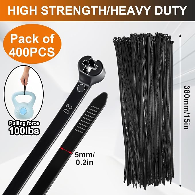 Blulu 400 Pcs 15 Inch Cable Zip Ties with Metal Tooth Stainless Steel Locking Device, Black Cable Tie, 100 Lbs Tensile Strength, UV Resistant Wire Wraps Multi Purpose for Industrial Indoor Outdoor Use