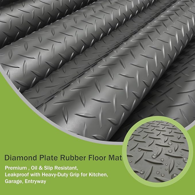 8x20 FT Garage Floor Mat, 2.8mm Thickened Flooring Roll for Under Car Diamond Plate PVC Rubber Mat with 20 Pcs Tapes, Non-Slip Floor Mat for Garage, Warehouse, Gyms, Trailer,Grey