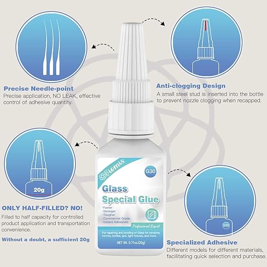 20g Glass Glue, Acrylic Super Glue for Bonding Glass, Instant Strong Glue for Acrylic, Other Materials| Clear Adhesive Glue Repair for Craft, Jewelry, Rhinestone, Crystal, Mirror, Glasses