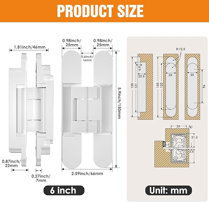 6" Hidden Door Hinge/Concealed Hinges,Invisible Hinges,Invisible Door Silent 180 Degree Swing Hinge 3-Way Adjustable Butt 6 x 2.5 x 1inch (White, 6 inches)