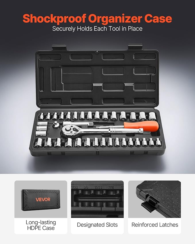 VEVOR Socket Set, 39 Pieces, 3/8 & 1/4 inch Drive Socket and Ratchet Set, SAE and Metric Size, Mechanic Tool Kit with Ratchet Wrench, Accessories, Storage Case, CR-V Alloy Steel, for Automotive Repair | CR-V Mechanic Tool Set with Ratchet Wrench, Acces...