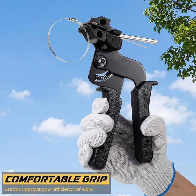 Stainless Steel Cable Tie Gun Kit, 200 Pcs Metal Zip Ties (100 Each of 8/11.8 Inch), Adjustable Fastening and Cutting Tools for Fence, Chain Link Fence, Pipe, Industrial Use