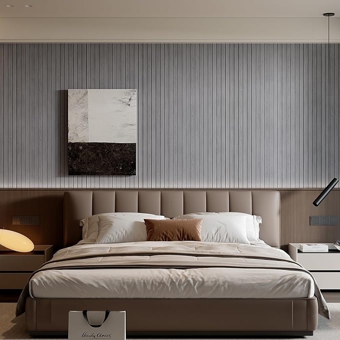 YU LI 3DH Peel and Stick PVC Slat Wall Panel 236"x15.75" Self-Adhesive Thick Faux Grey Wood Grain Wallpaper Panel 3D Soundproof Wall Panels for Walls & Ceilings