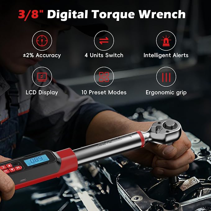 3/8" Digital Torque Wrench Set, 5-99.6 Ft.lb, ±2% Accuracy, 8pcs | Electronic Torque Wrench with LED & Buzzer Alerts, 4 Sockets, Extension Bar & Adapters for Automotive, Motorcycle, Bicycle