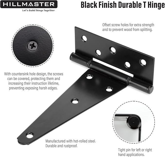 HILLMASTER 10 Inch T-Strap Heavy Duty Shed Door Hinges Gate Strap Hinges Black Tee Hinge Wrought Hardware for Wooden Fences,Yard,Barn Door,Rustproof (2 Pack)