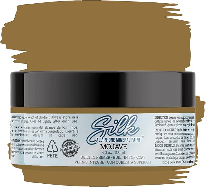 Dixie Belle Silk All-in-One Mineral Paint - Mojave (4oz) - Golden Brown Water Based Built-In Primer + Topcoat for Wood + Metal - Durable Furniture Paint - Low Reflective Finish