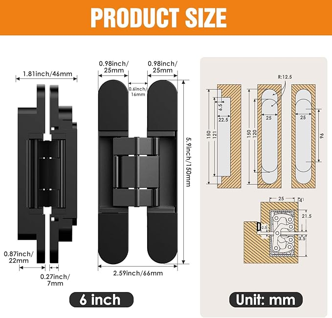 6" Hidden Door Hinge/Concealed Hinges,Invisible Hinges,Invisible Door Silent 180 Degree Swing Hinge 3-Way Adjustable Butt 6 x 2.5 x 1inch (Black, 6 inches)