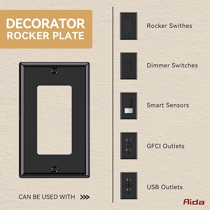AIDA 1-Gang Standard Light Switch Cover Plate, Decorative Outlet Covers, Glossy Black, 100-Pack Unbreakable Polycarbonate Wall Plates for Decorator Device, UL Listed, 4.5" H x 2.75" L