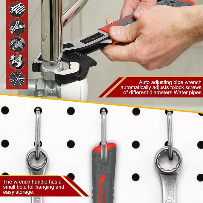 Multifunctional Self locking Wrench, Self Adjusting Pipe Wrench, 8 Inch Plumbers Wrench for (9-25mm) 3/8”-1”Nuts, Irregular Nuts, Pipes Use, Chrome Vanadium Alloy Steel (8 In)
