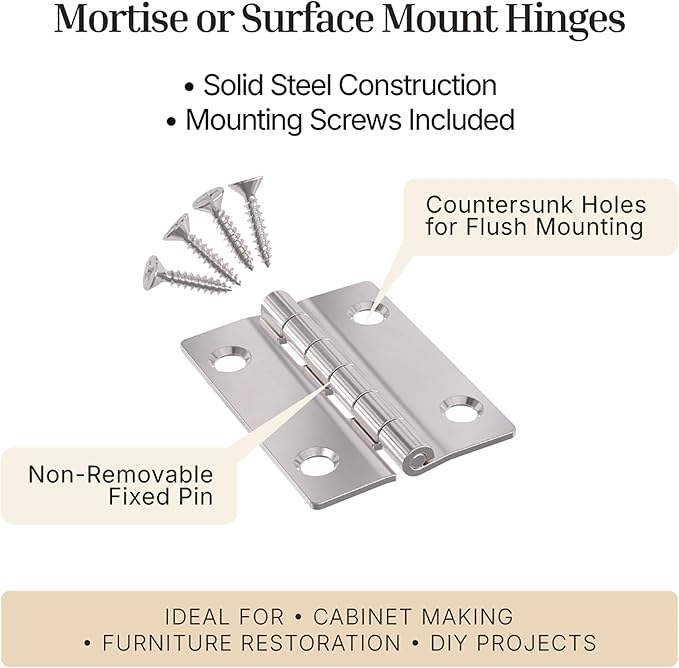 Nickel Butt Hinges - 2" x 1-1/2" - Pack of 4 - Flush Mount Cabinet Door Hinges - Antique Furniture Hardware - BH7-SN (2)