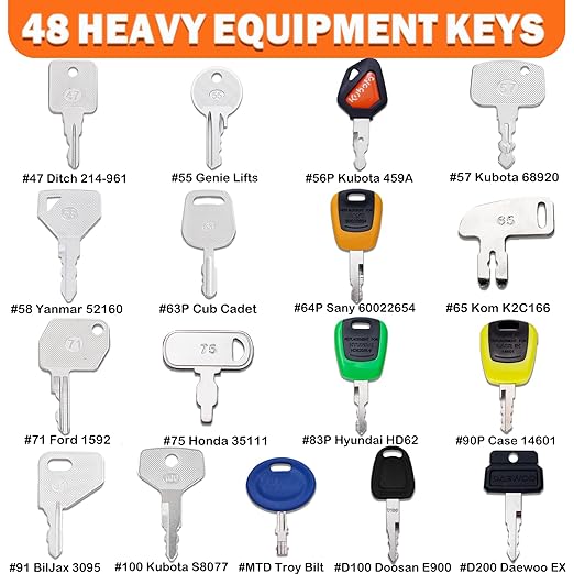 48 Multi Type Heavy Equipment Master Key Set for CAT Caterpillar Hyster John Deere Komatsu Volvo Kubota JCB Case Ford Holland Hitachi Yanmar Takeuchi Terex Construction Equipment Machinery