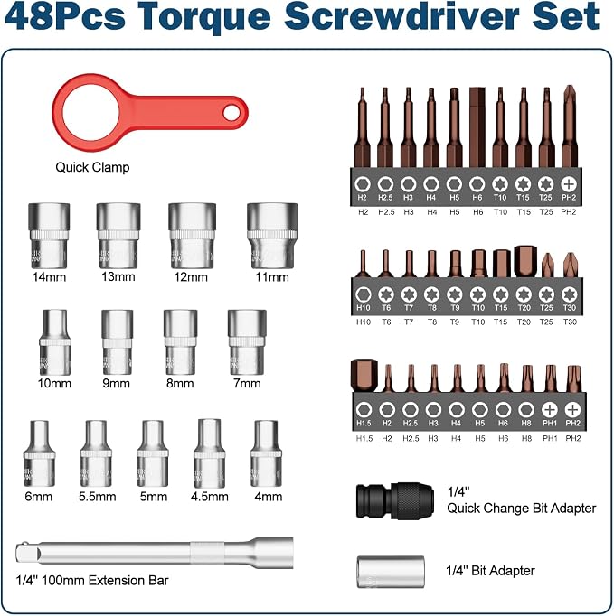 VANPO 49-Pc Torque Screwdriver & Wrench Set, 10-70In-lb & 1-12Nm Dual Range | with S2 Steel Bits & Sockets, for MTB Carbon Bikes, Firearm Optics, Scope Mounting & Professional DIY Repairs