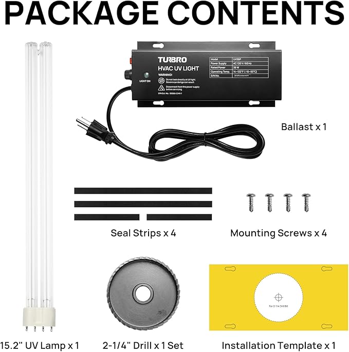 TURBRO AC 120V 36W HVAC UV Light Kit Air Purifier, ETL&CARB Certified, Comes with a 15.2 in 4-Pin 2G11 Base Lamp, Installation Template, and Ballast, for Cleaning Air and Ducted AC Systems, UV36P