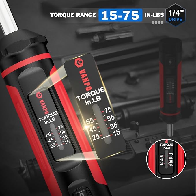 VANPO Torque Screwdriver 15-75 in-lb, 1/4" Drive Precision Driver Set | Inch Pounds Torque Wrench, 40 S2 Steel Bits for Gunsmithing, Bike Repair, Scope Mounting, Maintenance, DIY