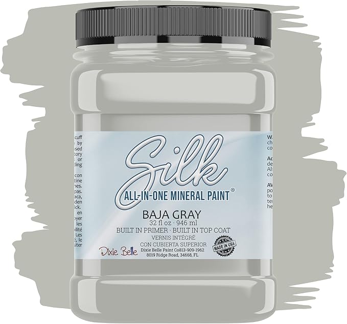 Dixie Belle Silk All-in-One Mineral Paint - Baja Gray (32oz) - Light Gray Water Based Built-In Primer + Topcoat for Wood + Metal - Durable Furniture Paint - Low Reflective Finish