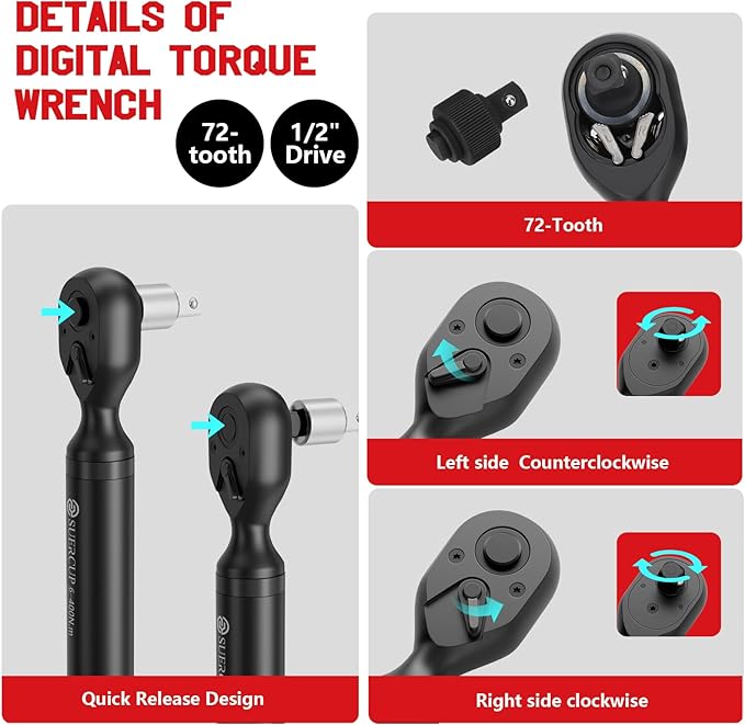 1/2" Digital Torque Wrench (4.4-295 Ft.lb / 6-400Nm) for Auto/Truck | ±1% Accuracy, Electronic Torque Wrench, Vibration/Buzzer/LED Alerts, 9 Presets & 5 Units, for Truck, Trailer & Heavy-Duty